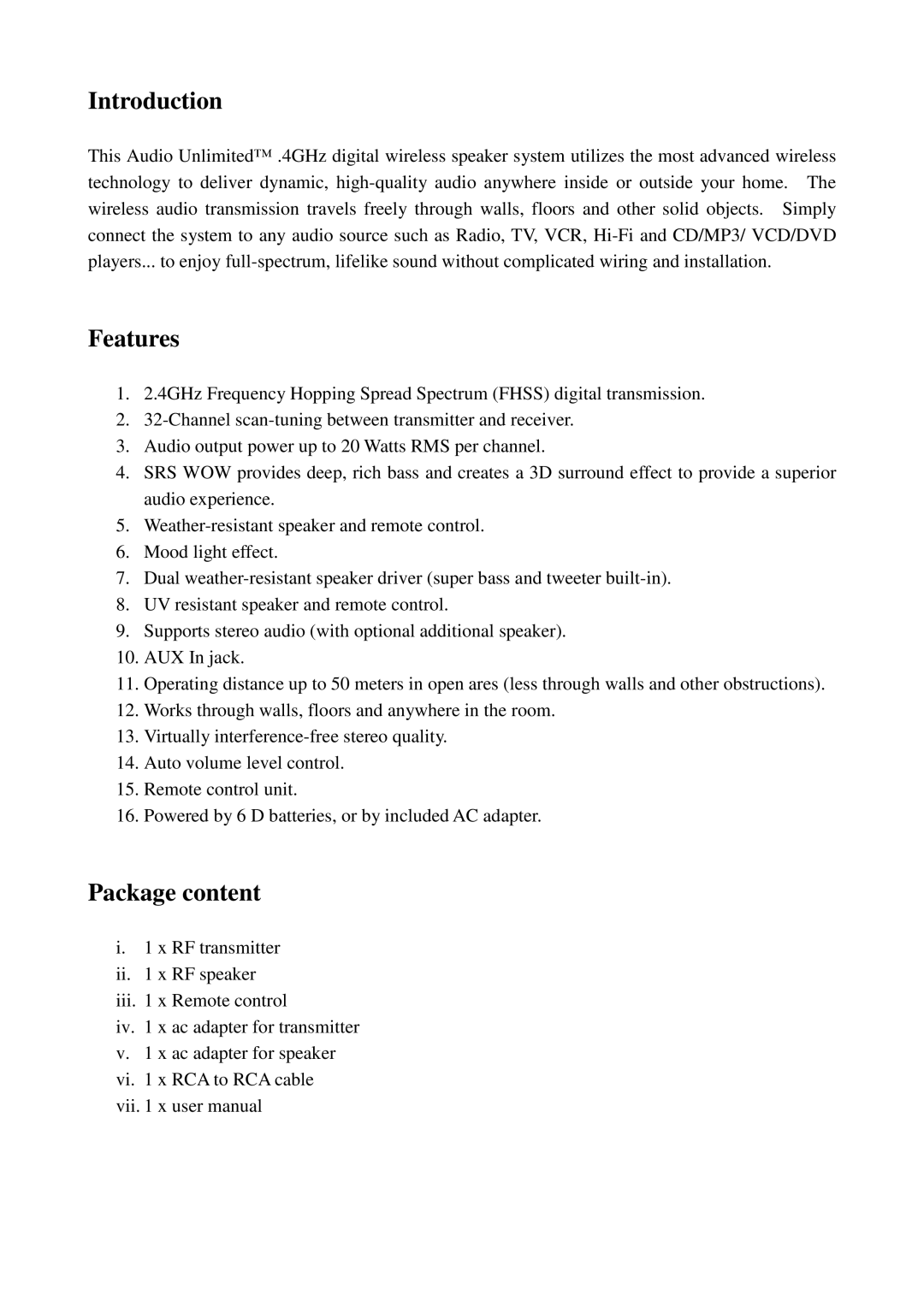 Cables Unlimited SPK-24G owner manual Introduction, Features, Package content 