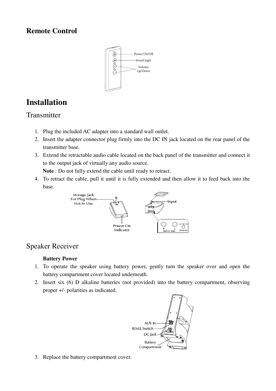 Cables Unlimited SPK-24G owner manual Remote Control, Battery Power 