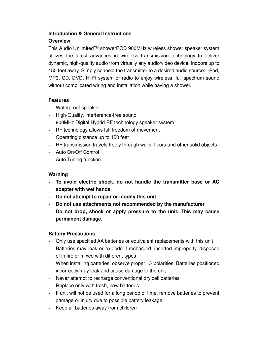 Cables Unlimited SPK-SHOWER user manual Introduction & General Instructions Overview, Features 