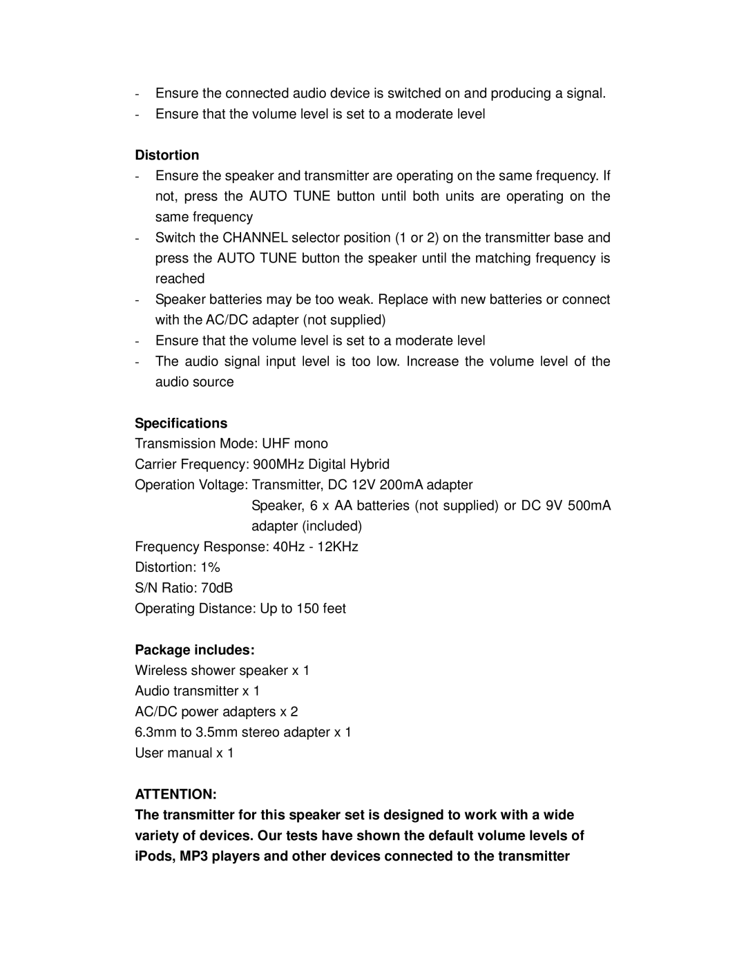 Cables Unlimited SPK-SHOWER user manual Distortion, Specifications, Package includes 