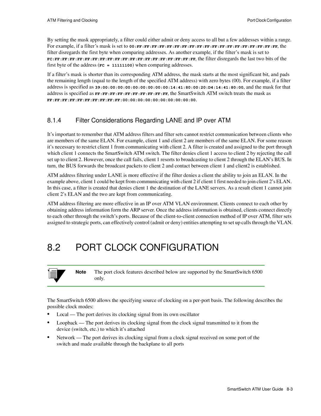 Cabletron Systems 04-0053-01 manual Port Clock Configuration, Filter Considerations Regarding Lane and IP over ATM 