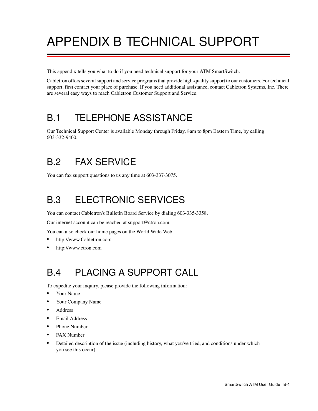 Cabletron Systems 04-0053-01 manual Appendix B Technical Support, Telephone Assistance, FAX Service, Electronic Services 