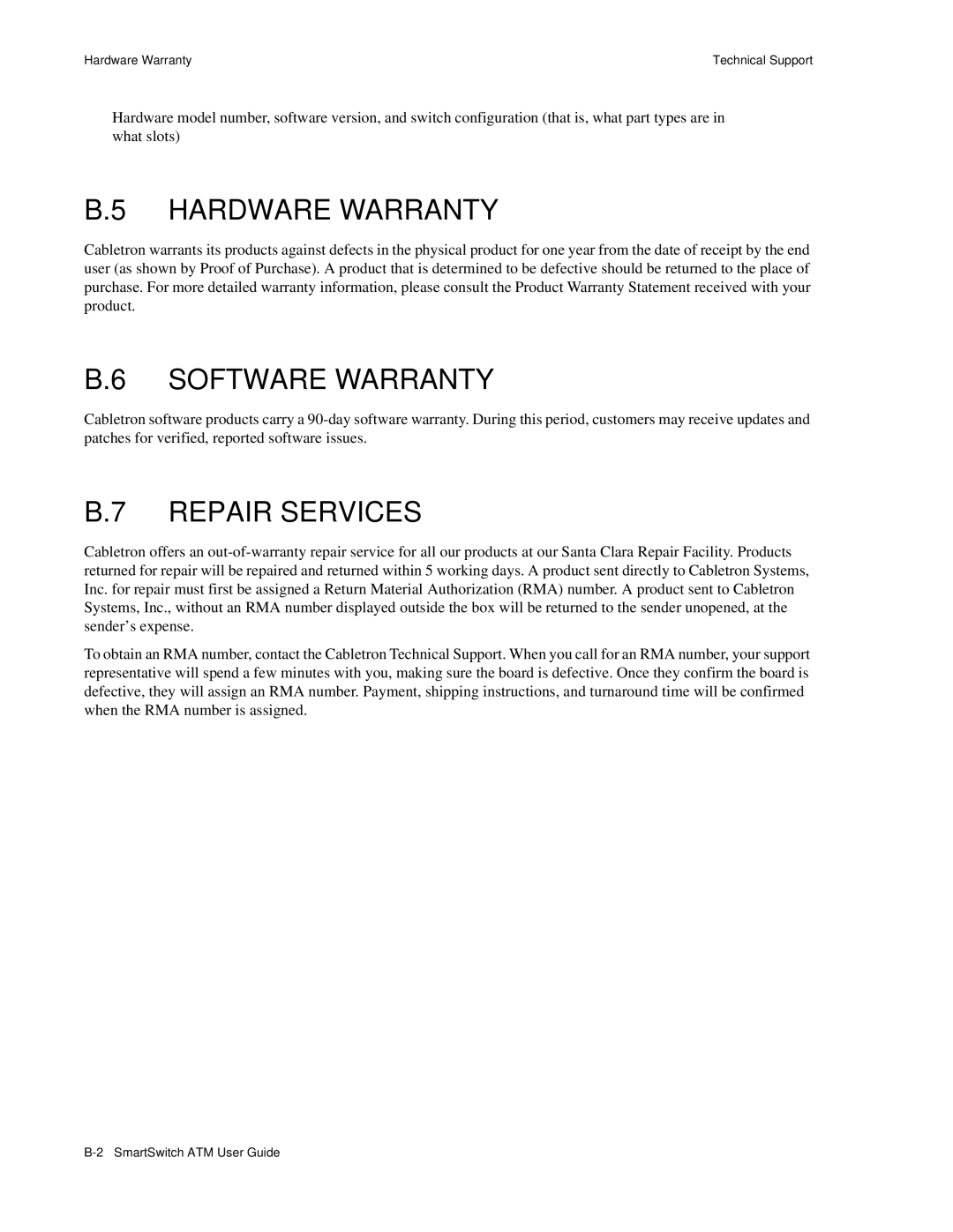 Cabletron Systems 04-0053-01 manual Hardware Warranty, Software Warranty, Repair Services 