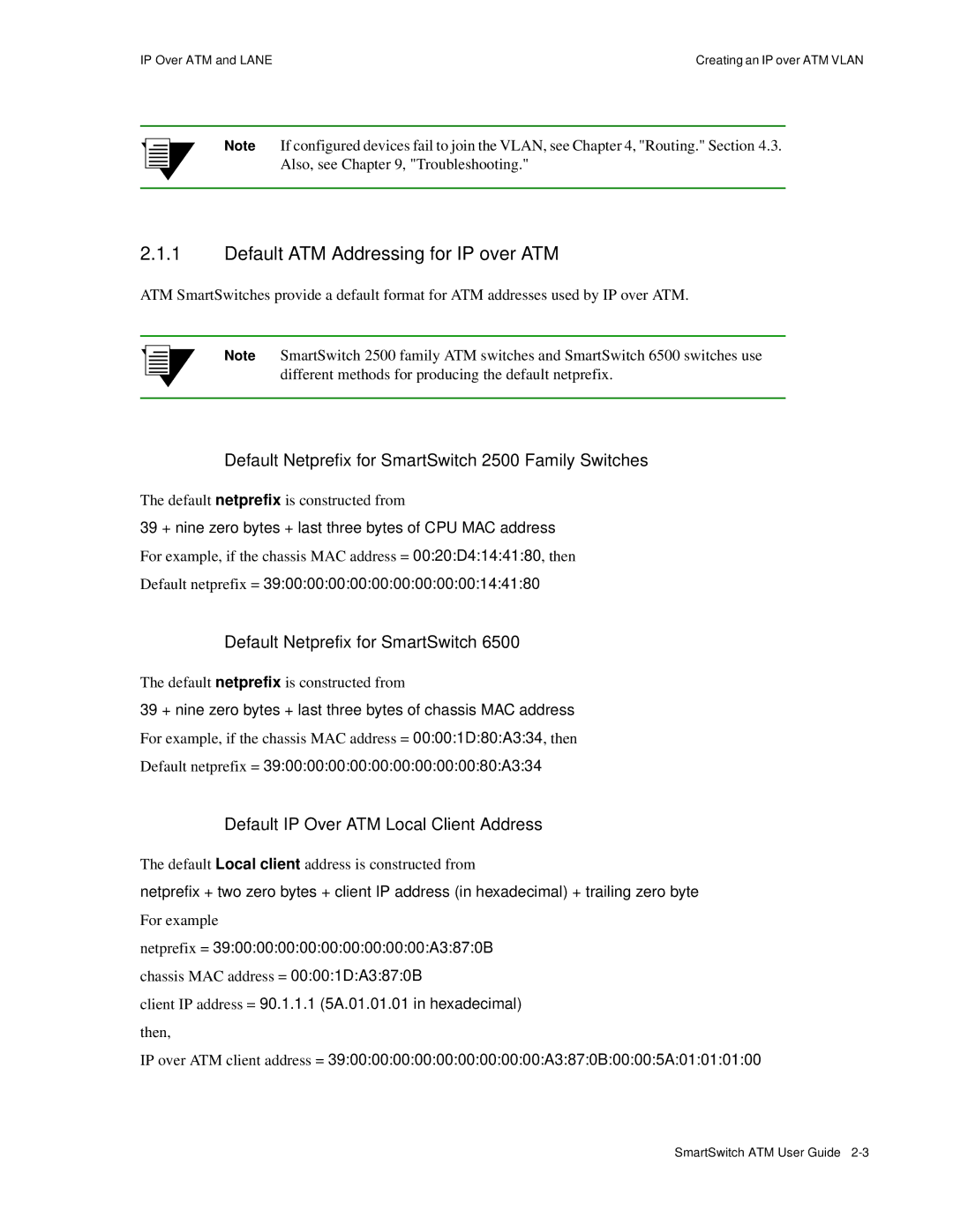 Cabletron Systems 04-0053-01 manual Default ATM Addressing for IP over ATM, Default Netprefix for SmartSwitch 