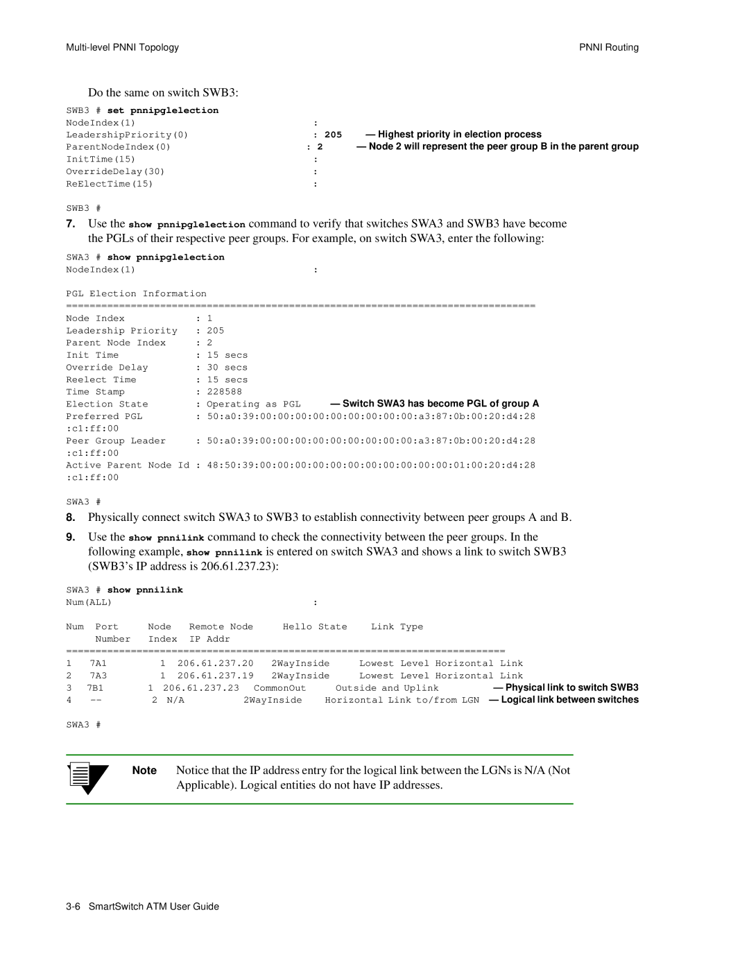 Cabletron Systems 04-0053-01 manual Do the same on switch SWB3, SWB3 # set pnnipglelection, SWA3 # show pnnipglelection 