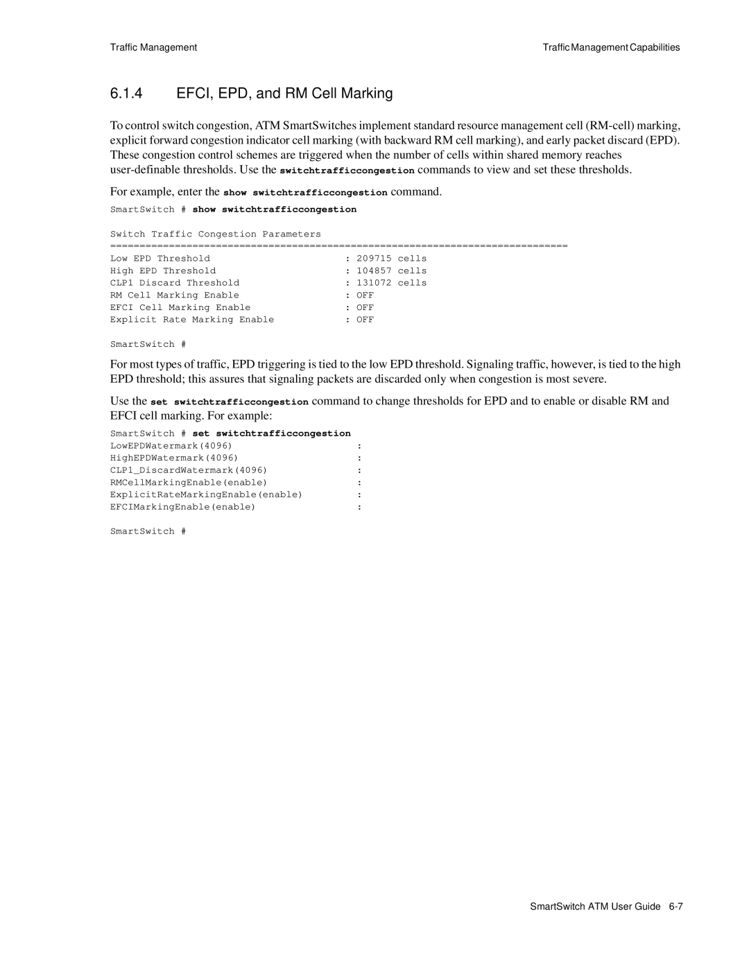 Cabletron Systems 04-0053-01 manual EFCI, EPD, and RM Cell Marking, SmartSwitch # show switchtrafficcongestion 