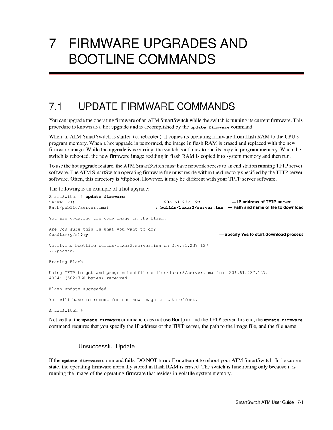 Cabletron Systems 04-0053-01 manual Firmware Upgrades and Bootline Commands, Update Firmware Commands, Unsuccessful Update 