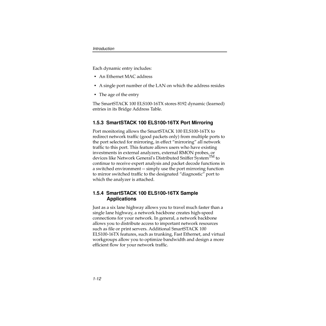 Cabletron Systems manual SmartSTACK 100 ELS100-16TX Port Mirroring, SmartSTACK 100 ELS100-16TX Sample Applications 