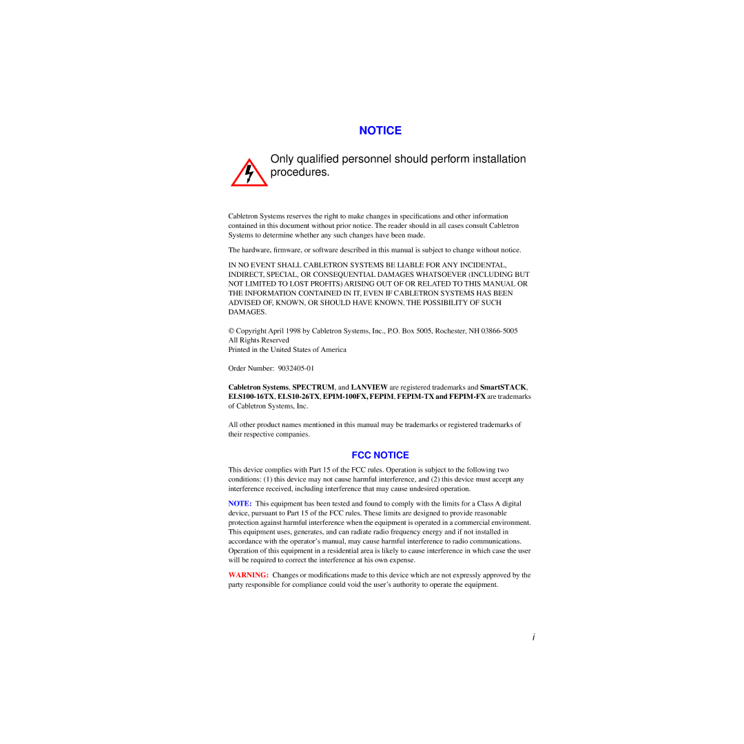 Cabletron Systems 100 manual FCC Notice 