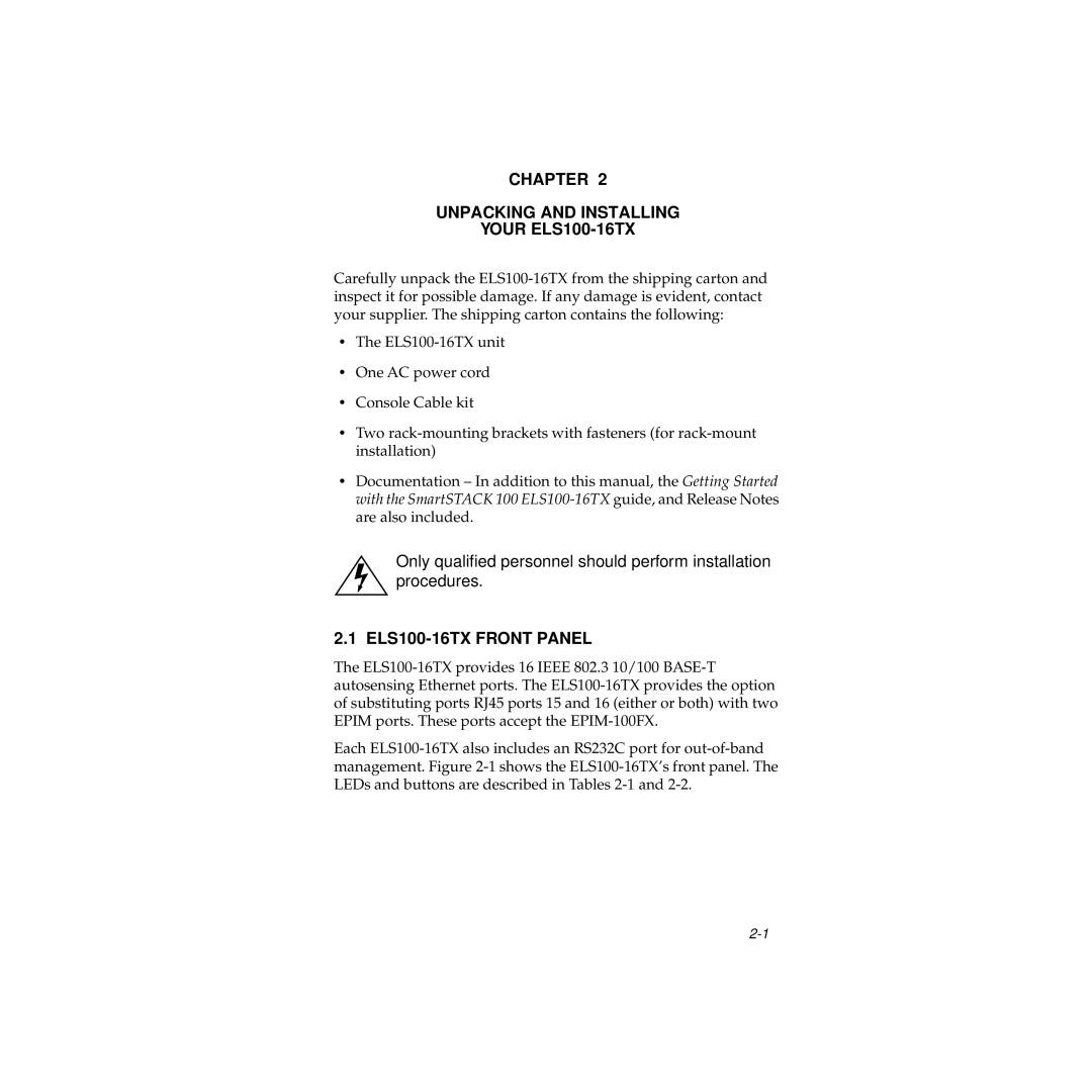 Cabletron Systems manual Chapter Unpacking and Installing Your ELS100-16TX, ELS100-16TX Front Panel 