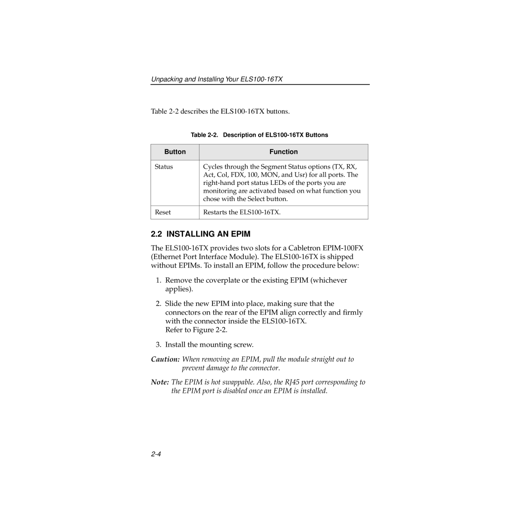 Cabletron Systems manual Installing AN Epim, Describes the ELS100-16TX buttons 