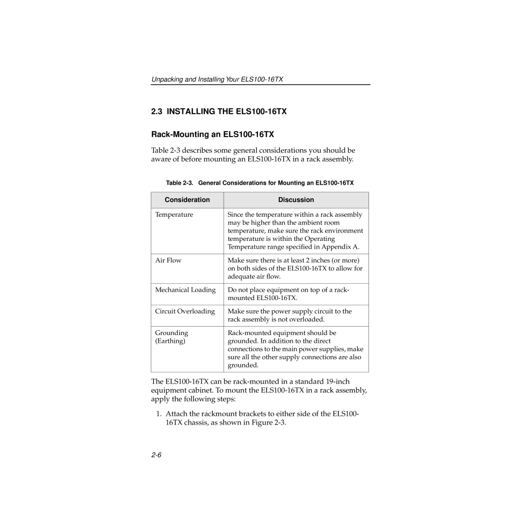 Cabletron Systems manual Installing the ELS100-16TX, Rack-Mounting an ELS100-16TX 