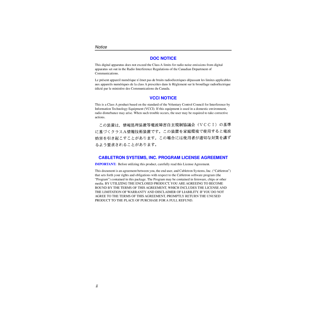 Cabletron Systems 100 manual DOC Notice 