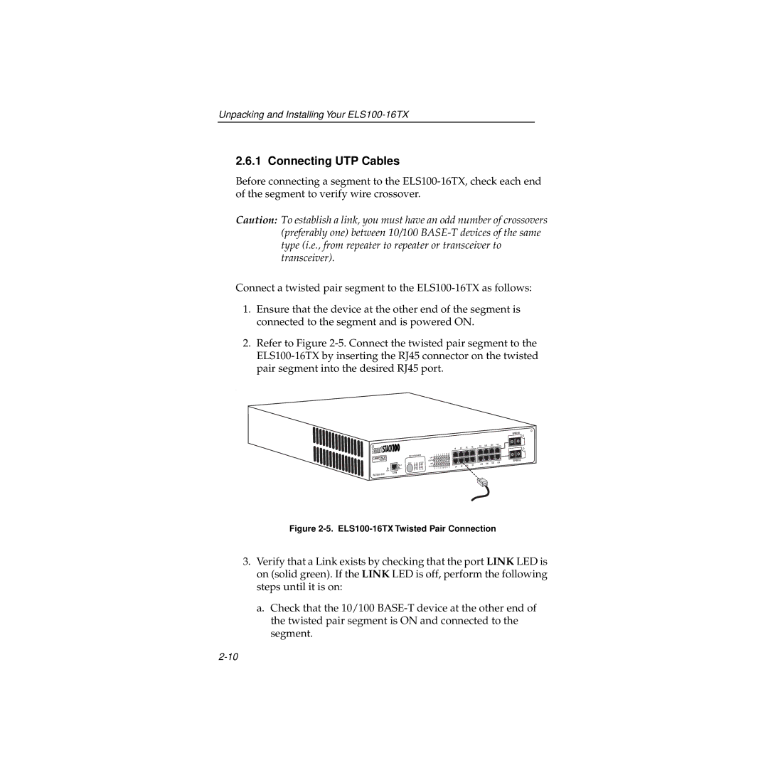 Cabletron Systems manual Connecting UTP Cables, ELS100-16TX Twisted Pair Connection 