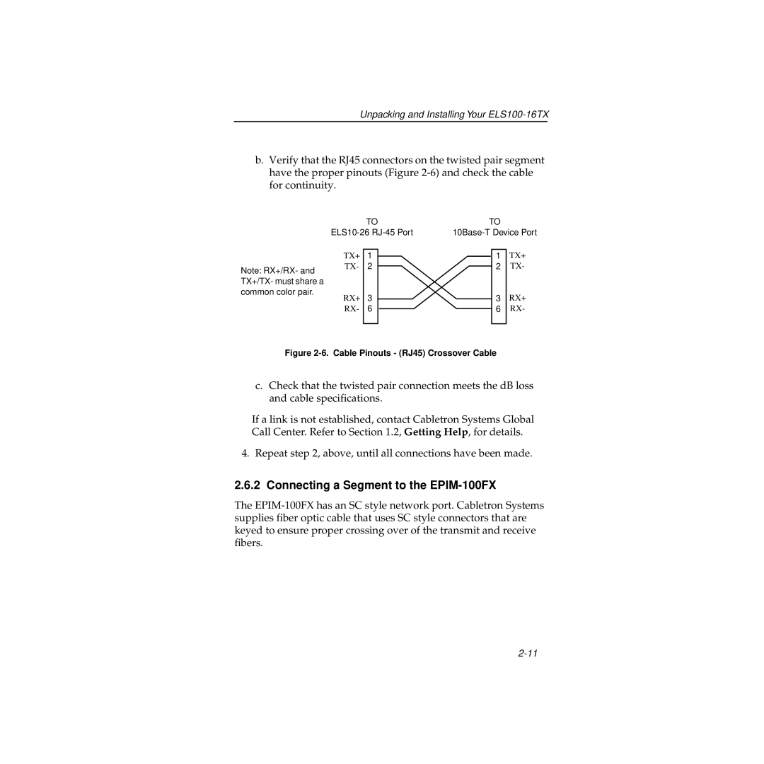 Cabletron Systems manual Connecting a Segment to the EPIM-100FX, Cable Pinouts RJ45 Crossover Cable 