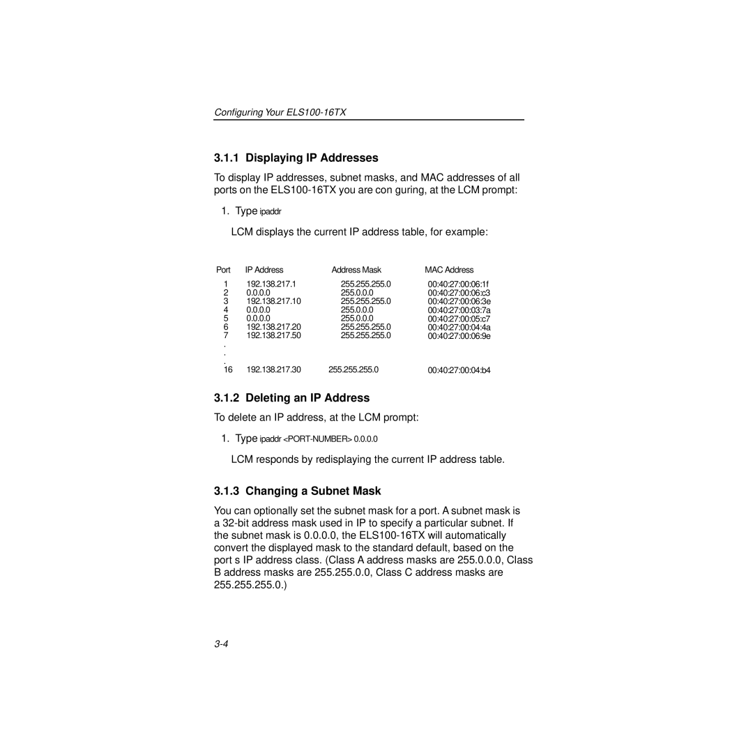 Cabletron Systems 100 manual Displaying IP Addresses, Deleting an IP Address, Changing a Subnet Mask 