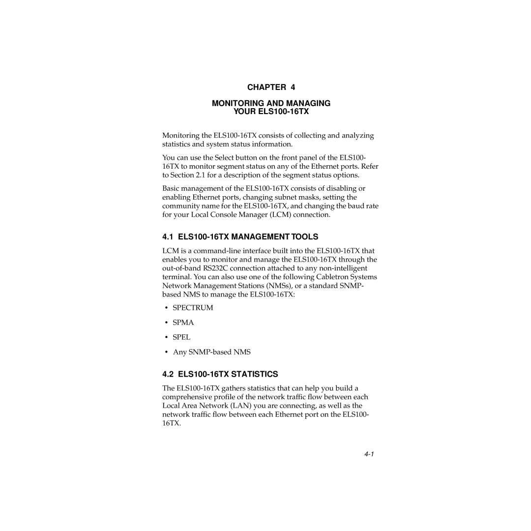 Cabletron Systems manual Chapter Monitoring and Managing Your ELS100-16TX, ELS100-16TX Management Tools 