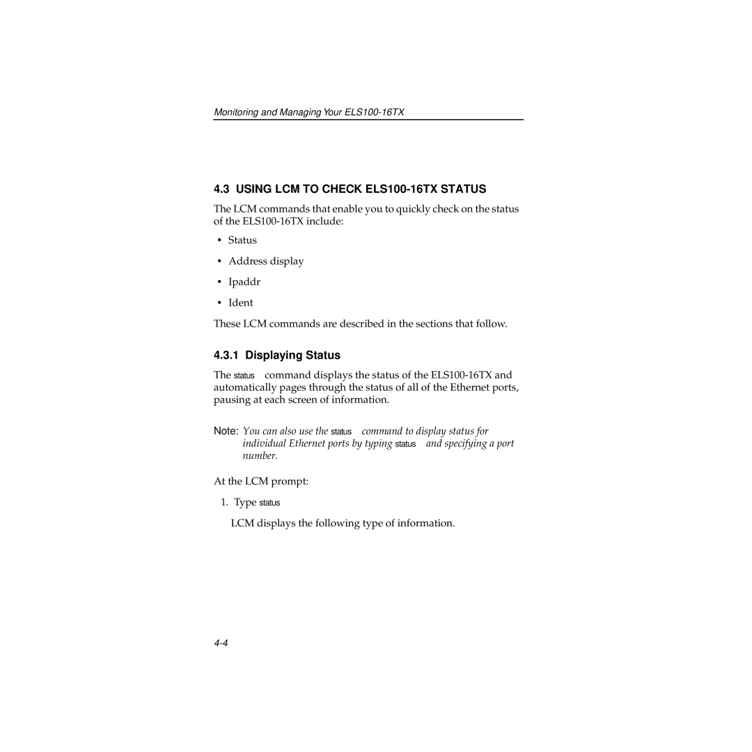 Cabletron Systems manual Using LCM to Check ELS100-16TX Status, Displaying Status 