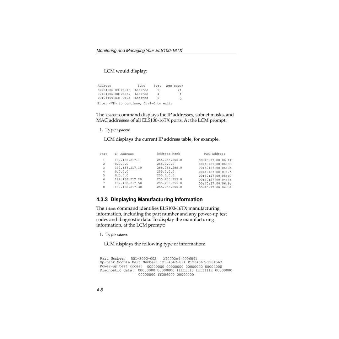 Cabletron Systems 100 manual Displaying Manufacturing Information, LCM would display 