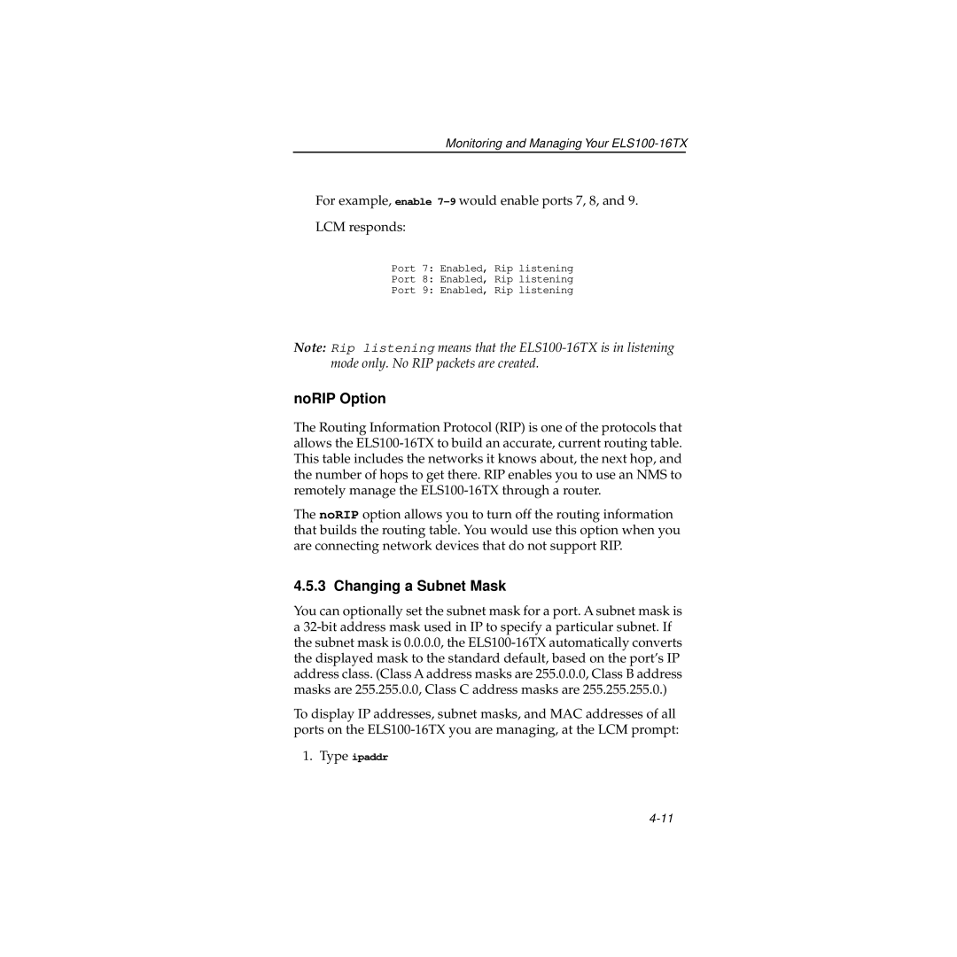 Cabletron Systems 100 manual NoRIP Option, Changing a Subnet Mask 