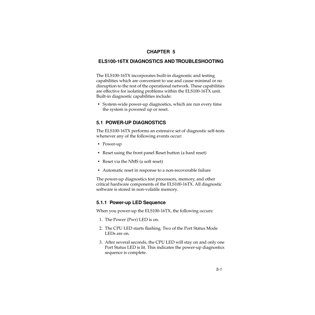 Cabletron Systems Chapter ELS100-16TX Diagnostics and Troubleshooting, POWER-UP Diagnostics, Power-up LED Sequence 