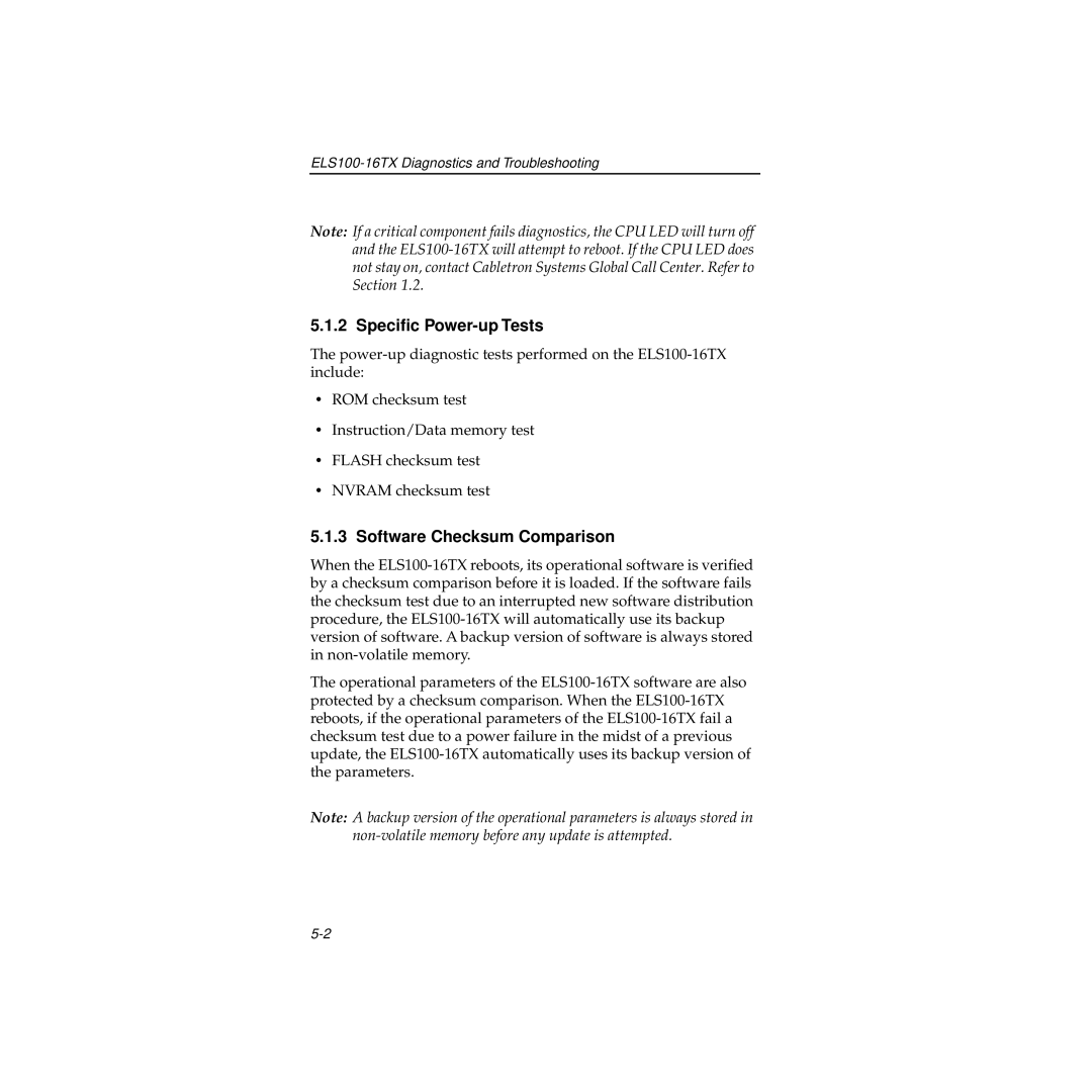 Cabletron Systems 100 manual Speciﬁc Power-up Tests, Software Checksum Comparison 