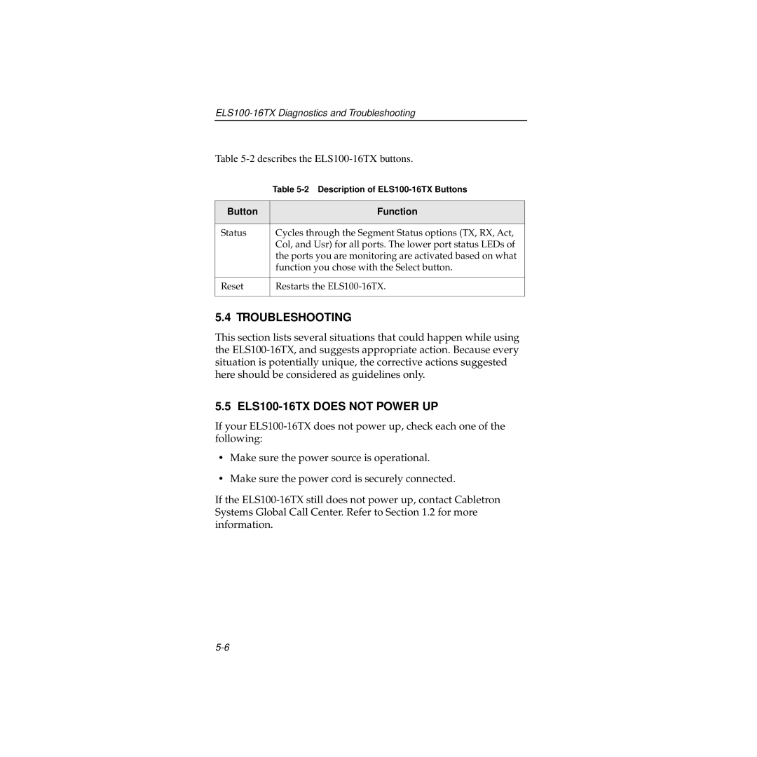 Cabletron Systems manual Troubleshooting, ELS100-16TX does not Power UP 