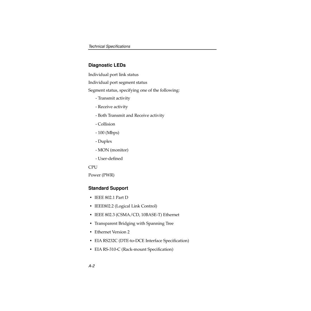 Cabletron Systems 100 manual Diagnostic LEDs, Standard Support 