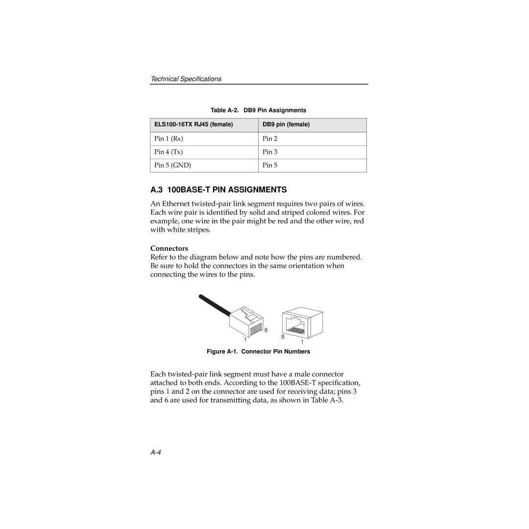 Cabletron Systems manual 100BASE-T PIN Assignments, Connectors 