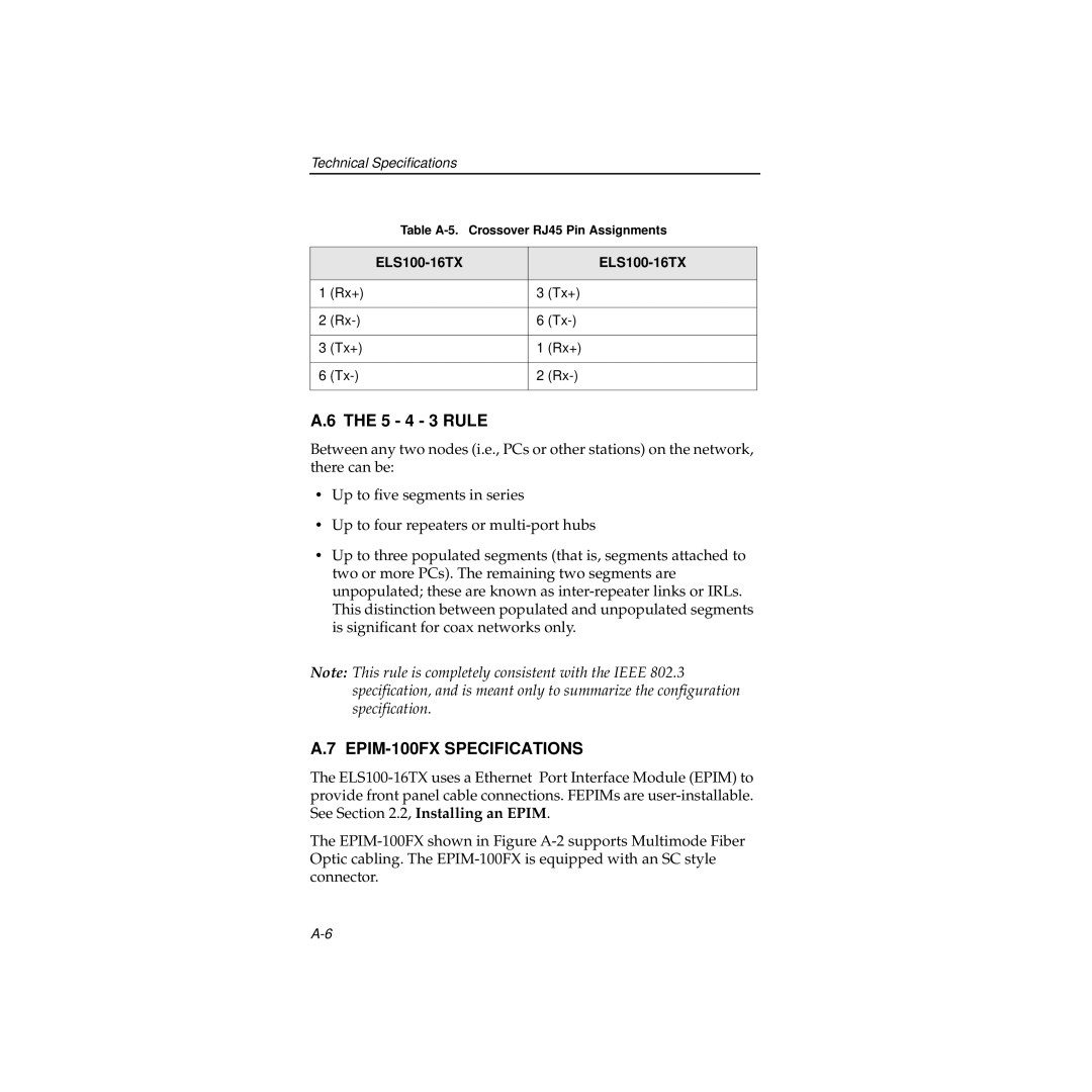 Cabletron Systems manual 5 4 3 Rule, EPIM-100FX Specifications 