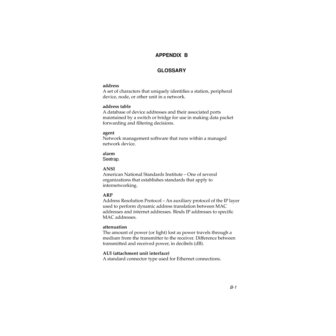 Cabletron Systems 100 manual Address table, Agent, Alarm, Attenuation, AUI attachment unit interface 