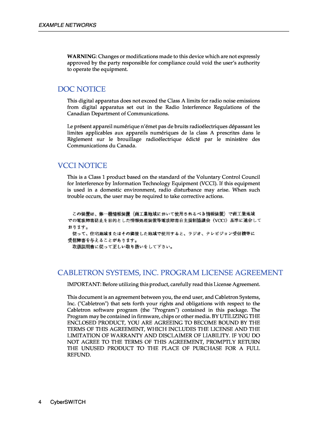 Cabletron Systems 1000, 1200 Doc Notice, Vcci Notice, Cabletron Systems, Inc. Program License Agreement, Example Networks 