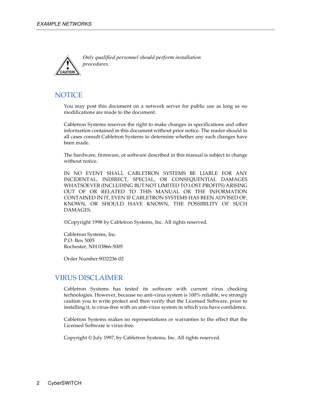 Cabletron Systems 1000, 1200 manual Virus Disclaimer 