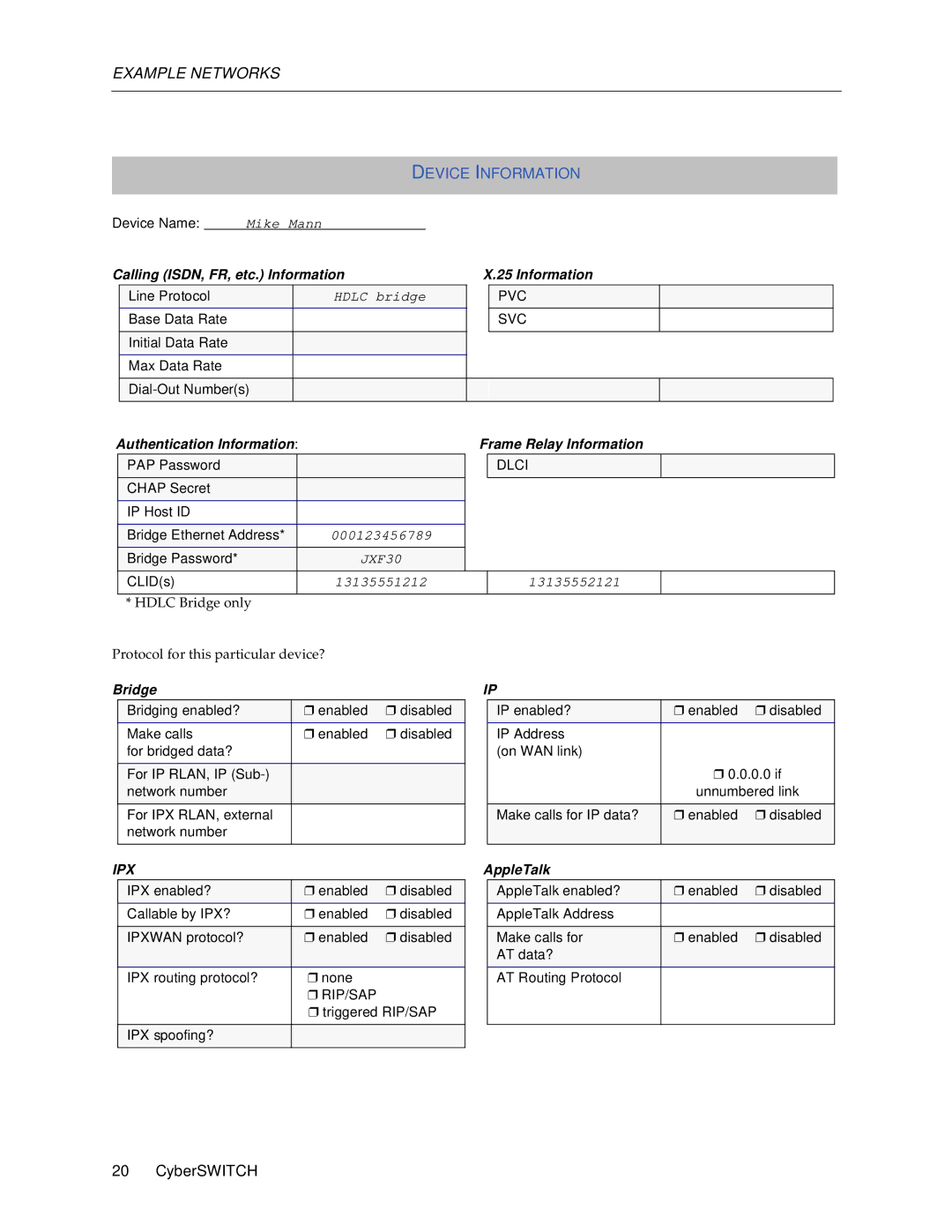 Cabletron Systems 1000, 1200 manual Device Information, Calling ISDN, FR, etc. Information 