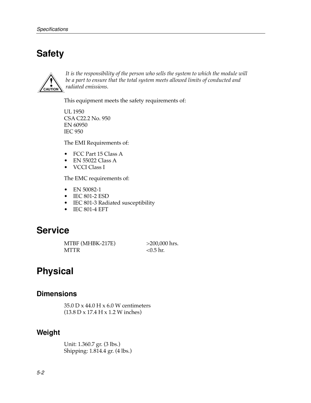 Cabletron Systems 12 manual Safety, Service, Physical, Dimensions, Weight 