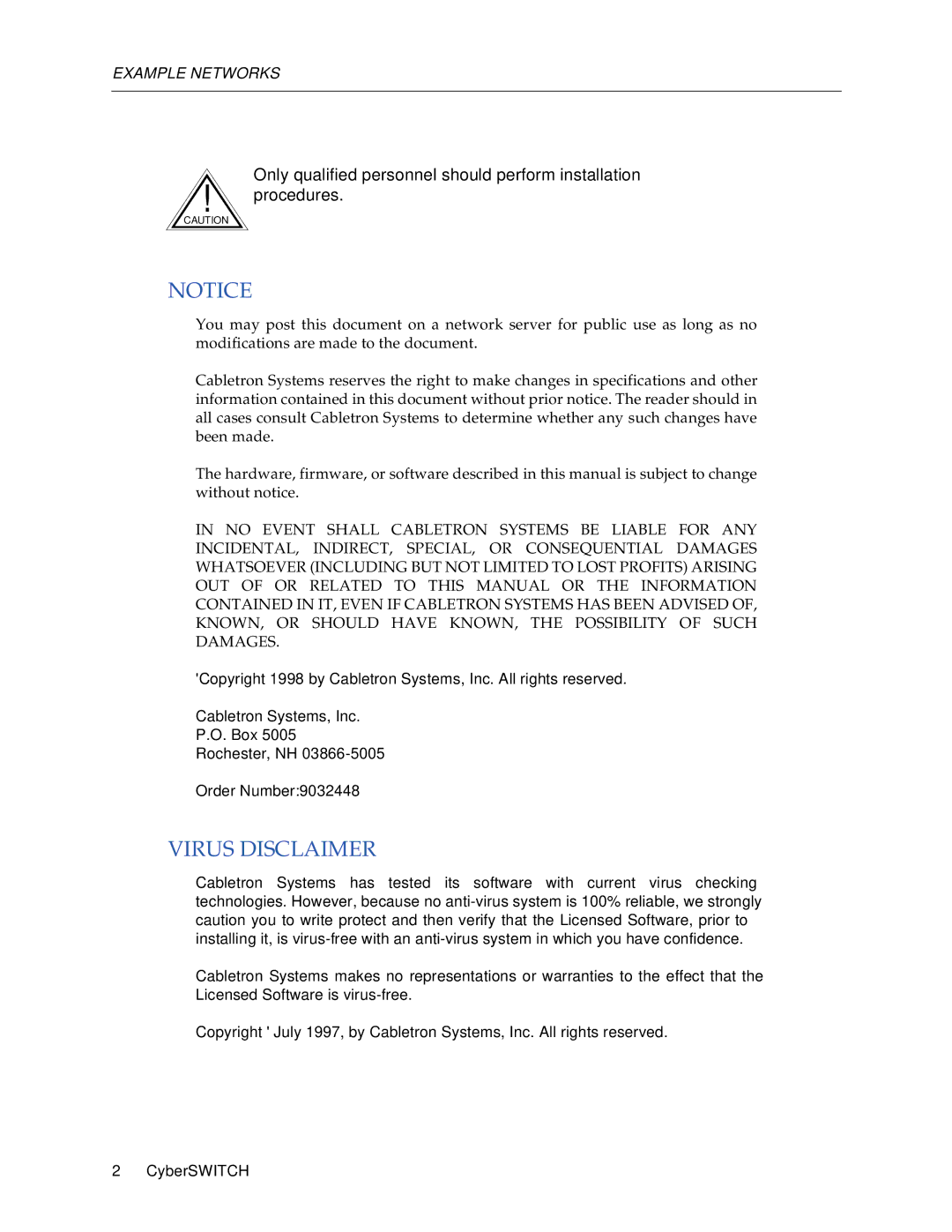 Cabletron Systems 150 manual Virus Disclaimer 