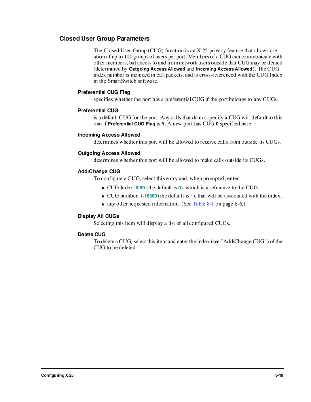 Cabletron Systems 1800 manual Closed User Group Parameters 