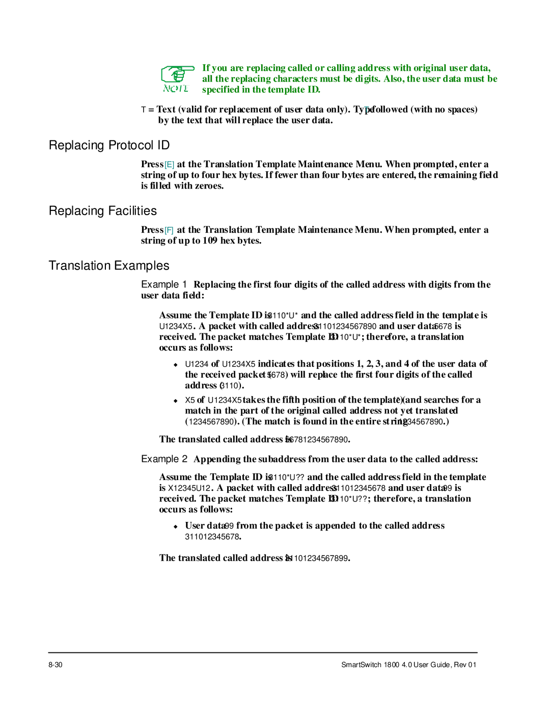 Cabletron Systems 1800 manual Replacing Protocol ID, Replacing Facilities, Translation Examples 