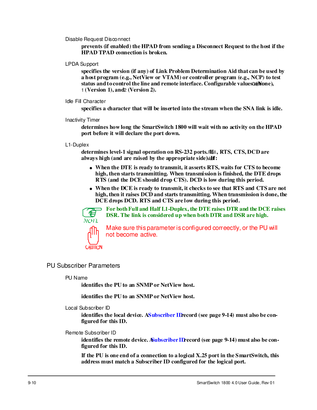 Cabletron Systems 1800 manual PU Subscriber Parameters 