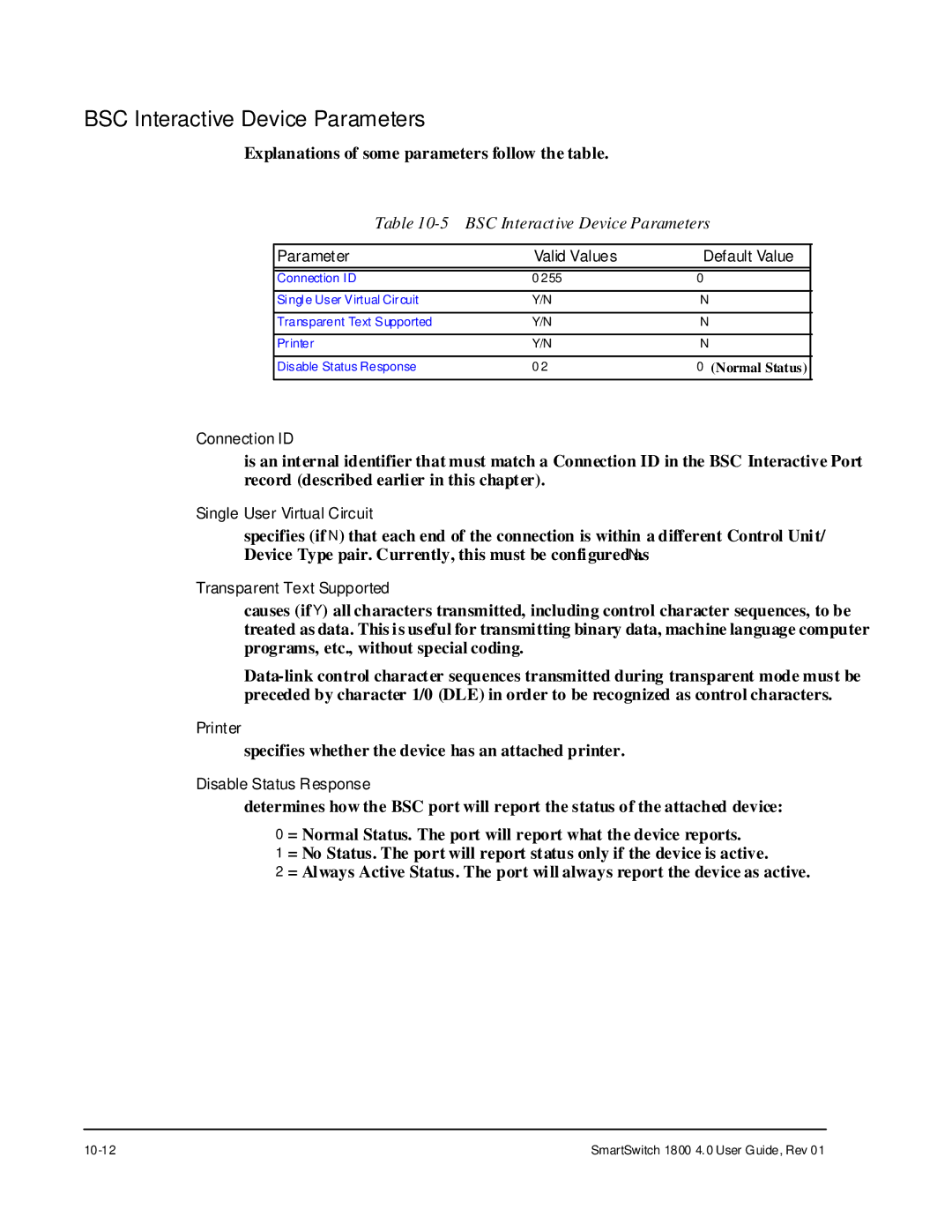 Cabletron Systems 1800 manual BSC Interactive Device Parameters 