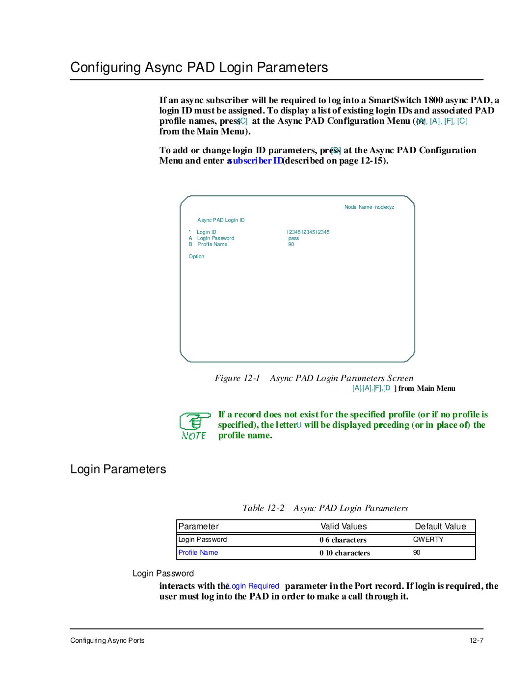 Cabletron Systems 1800 manual Configuring Async PAD Login Parameters 