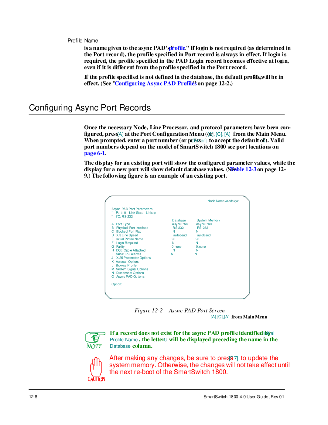 Cabletron Systems 1800 manual Configuring Async Port Records, Async PAD Port Screen 