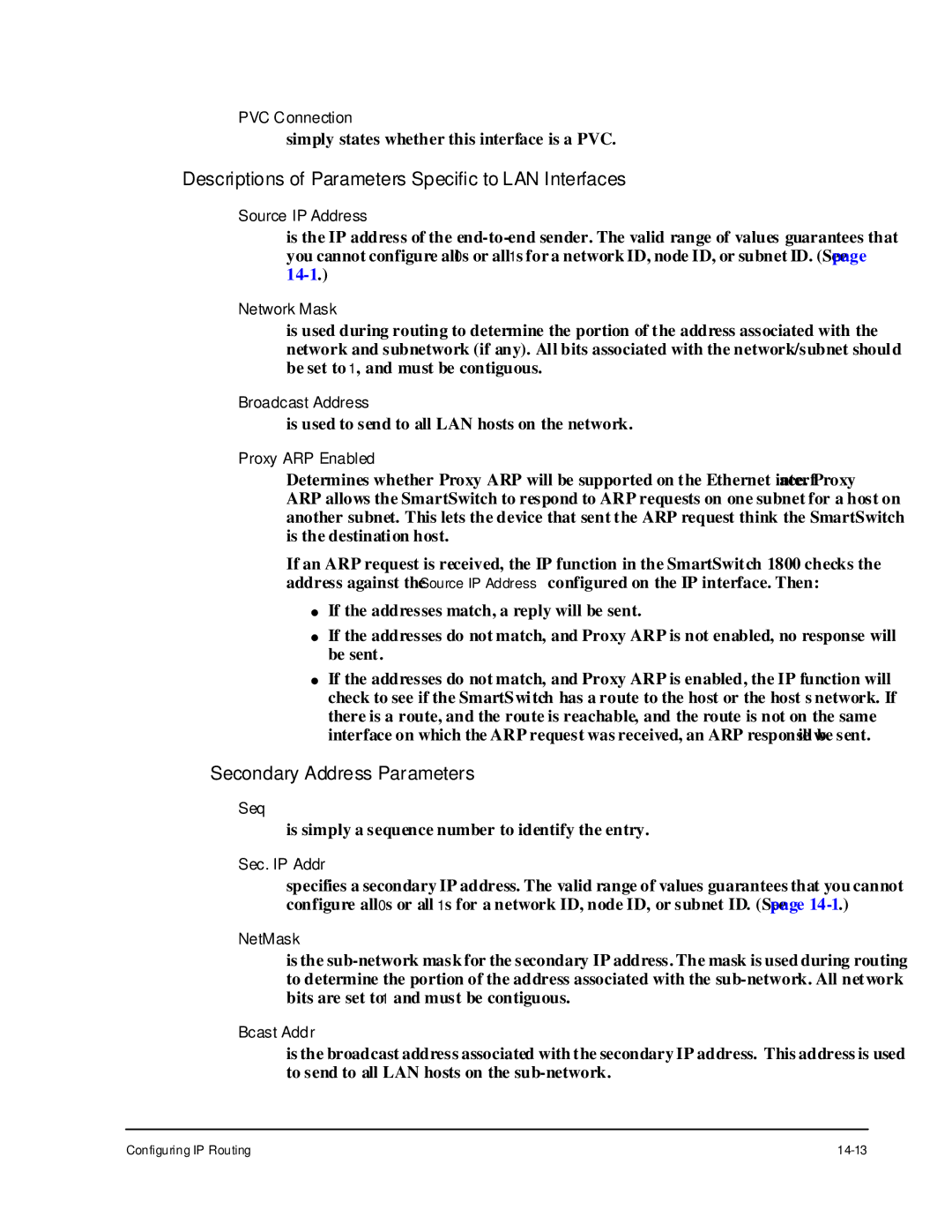 Cabletron Systems 1800 manual Descriptions of Parameters Specific to LAN Interfaces, Secondary Address Parameters 