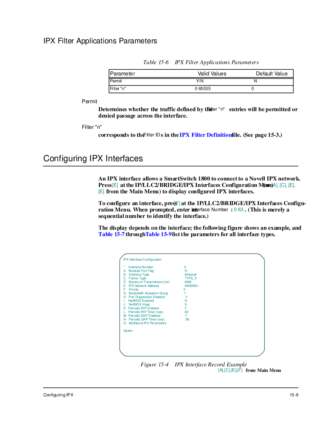 Cabletron Systems 1800 manual Configuring IPX Interfaces, IPX Filter Applications Parameters 