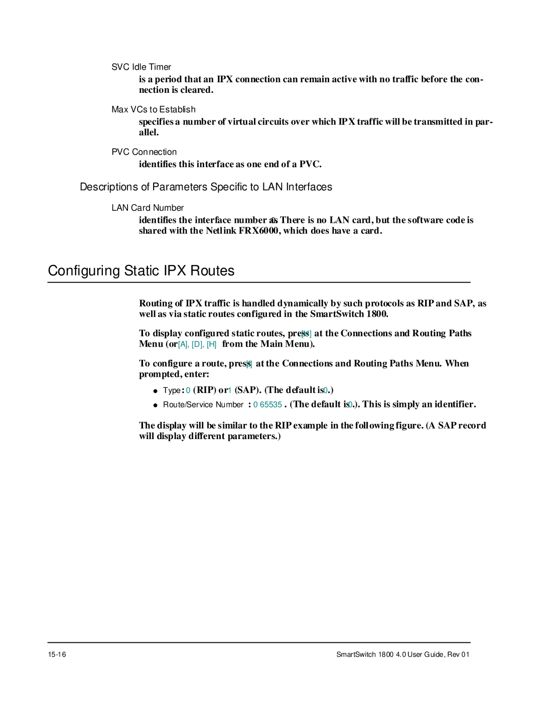 Cabletron Systems 1800 manual Configuring Static IPX Routes, 15-16 