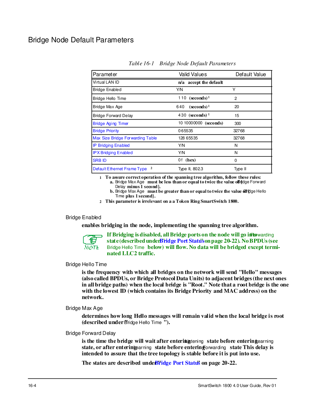 Cabletron Systems 1800 manual Bridge Node Default Parameters 