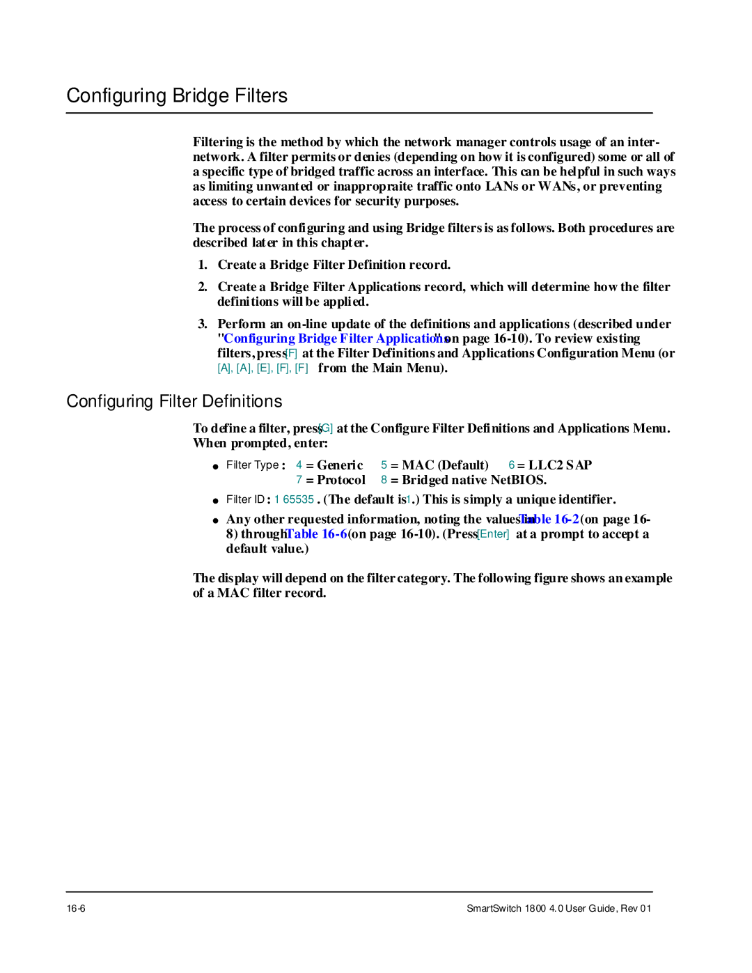 Cabletron Systems 1800 manual Configuring Bridge Filters, Configuring Filter Definitions 