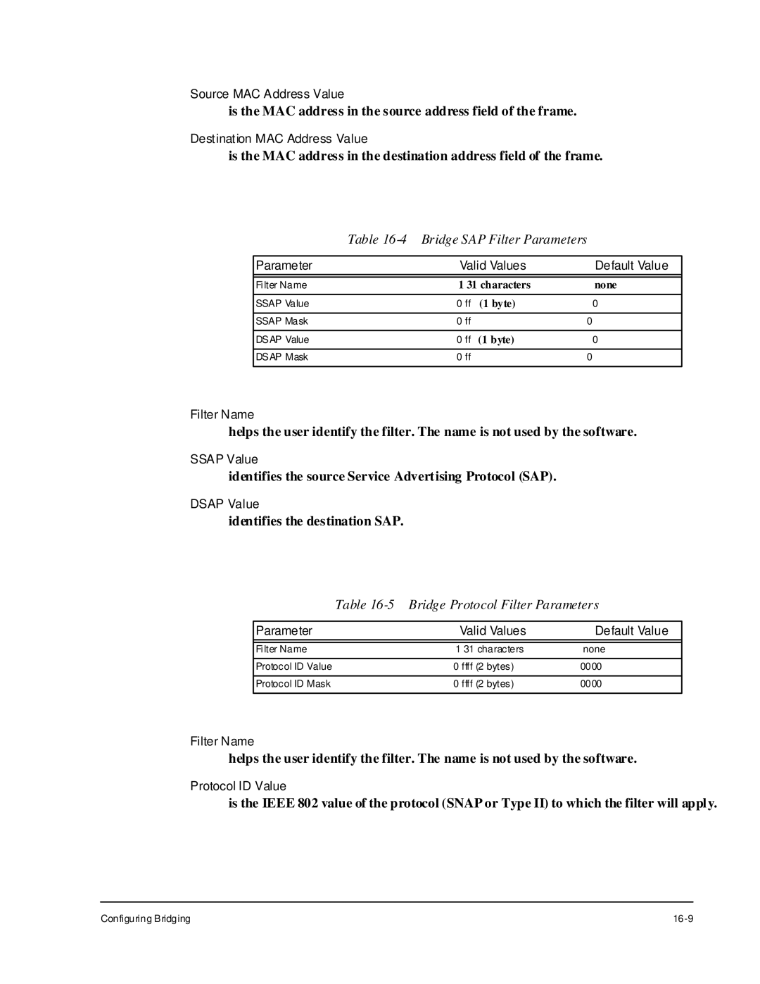 Cabletron Systems 1800 manual Bridge SAP Filter Parameters, Bridge Protocol Filter Parameters 