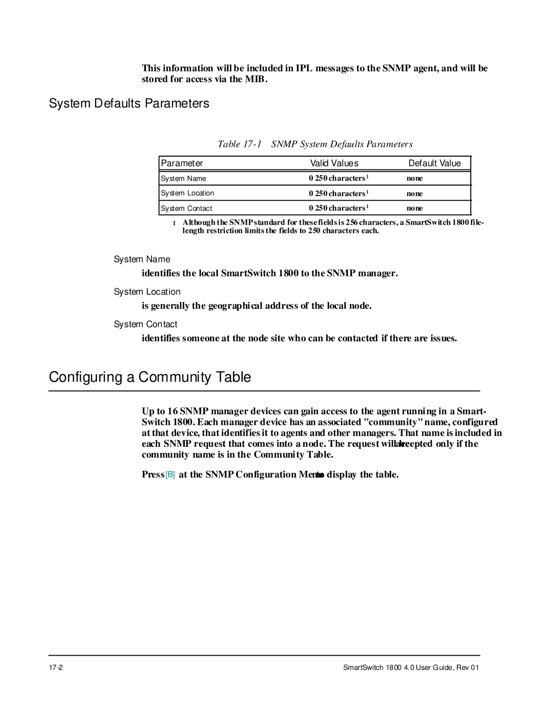 Cabletron Systems 1800 manual Configuring a Community Table, Snmp System Defaults Parameters 