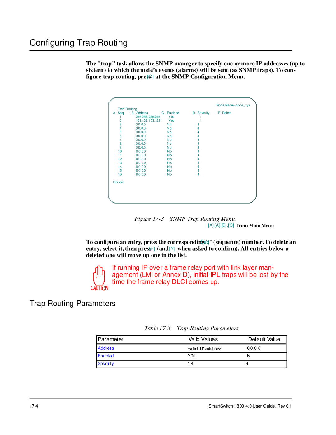 Cabletron Systems 1800 manual Configuring Trap Routing, Trap Routing Parameters 